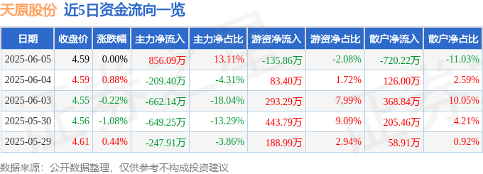 股票行情快报：天原股份（002386）6月5日主力资金净买入856.09万元