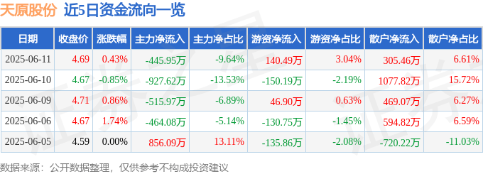 股票行情快报：天原股份（002386）6月11日主力资金净卖出445.95万元