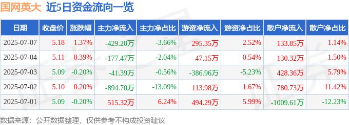 股票行情快报：国网英大（600517）7月7日主力资金净卖出429.20万元