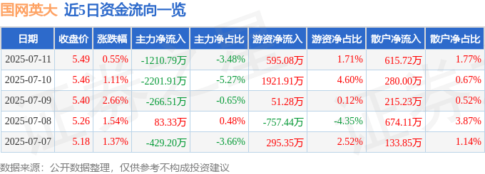股票行情快报：国网英大（600517）7月11日主力资金净卖出1210.79万元