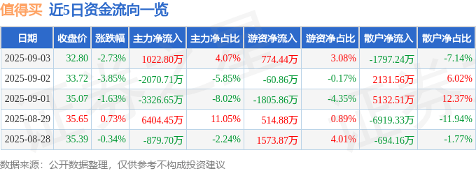 股票行情快报:值得买(300785)9月3日主力资金净买入1022.80万元