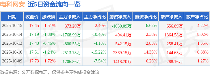 股票行情快报:电科网安(002268)10月15日主力资金净买入373.20万元