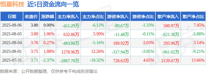 股票行情快报:恒星科技(002132)8月6日主力资金净卖出411.29万元