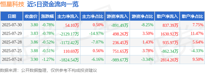 股票行情快报:恒星科技(002132)7月30日主力资金净买入54.10万元